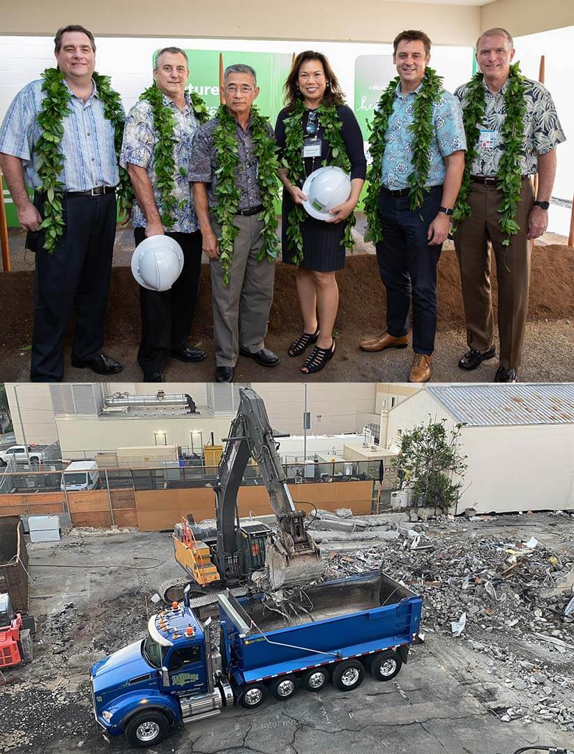 Two images, top showing group shot of people at groundbreaking, bottom showing building demolition site and equipment. Two images, top showing group shot of people at groundbreaking, bottom showing building demolition site and equipment.