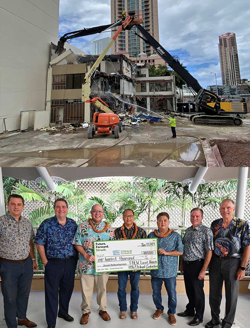 Two images, top showing building demolition site, bottom showing group shot with giant donation check. Two images, top showing building demolition site, bottom showing group shot with giant donation check.