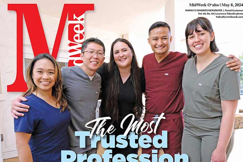 MidWeek cover image featuring five Hawaii Pacific Health nurses with headline reading the Most Trusted Profession..