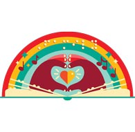Illustration of a celebratory pin with hands, heart, music notes and rainbow.