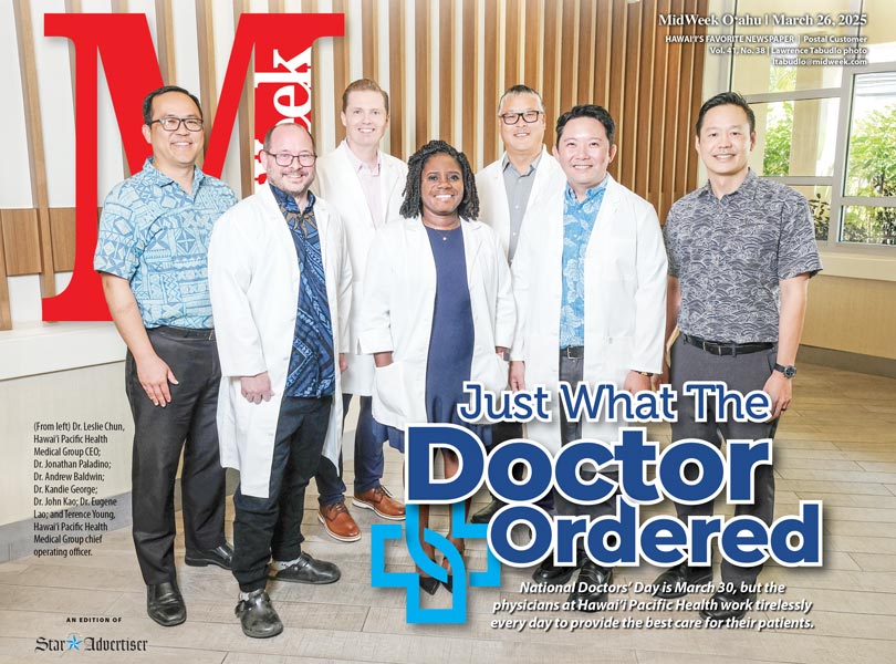 Cover of MidWeek with five doctors in white coats and the CEO and COO of Hawaii Pacific Health Medical Group.
