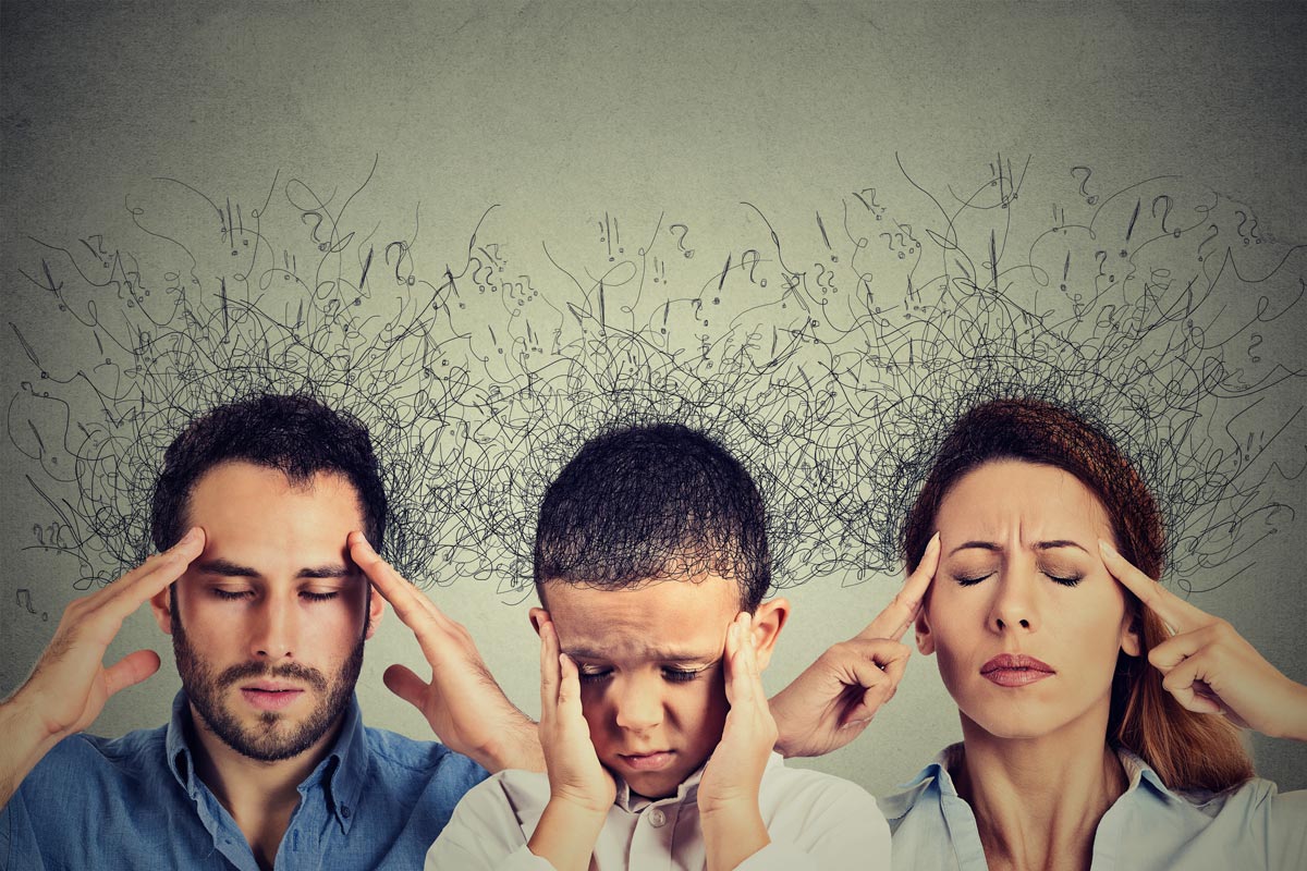 Closeup portrait of sad young man, boy and woman with worried stressed facial expressions and brain melting into lines of interconnected question marks
