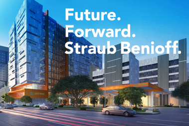 Rendering of future health care campus with the text Future Forward Straub Benioff.