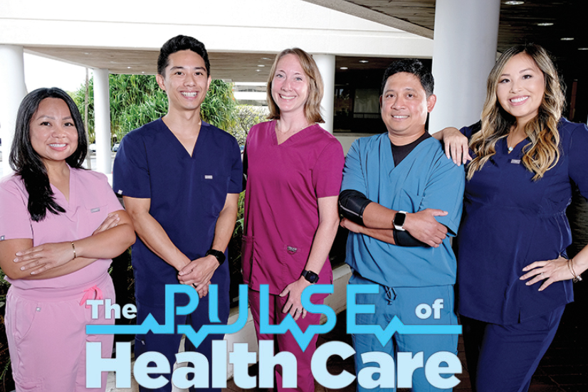 Five nurses in different scrubs on MidWeek cover with headline The Pulse of Health Care.