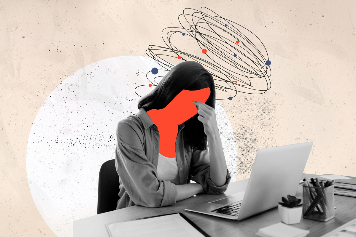 illustration of woman sitting in front of a laptop holding her head with swirls and stars around head to illustrate a migraine