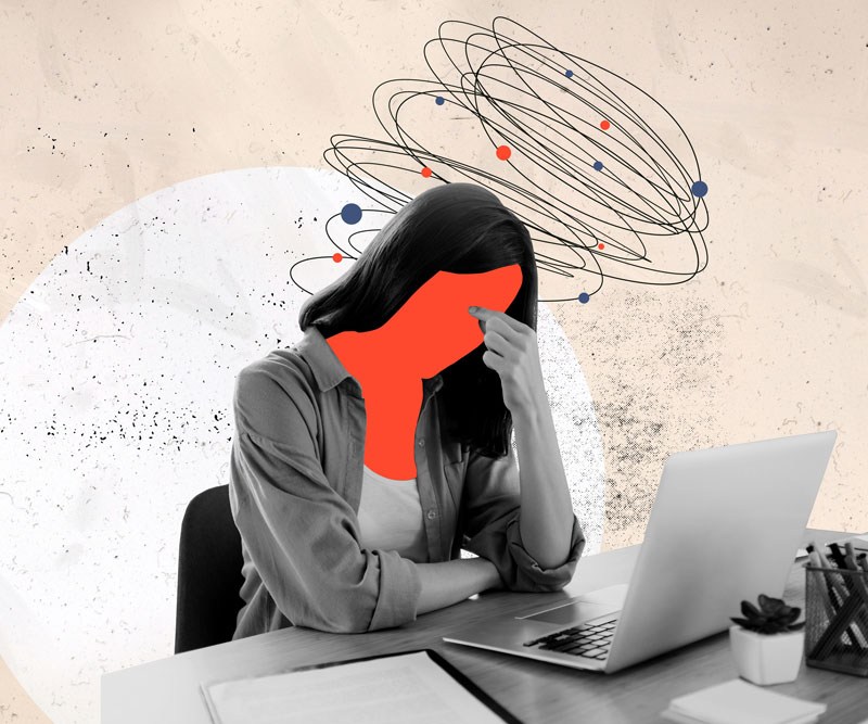 illustration of woman sitting in front of a laptop holding her head with swirls and stars around head to illustrate a migraine