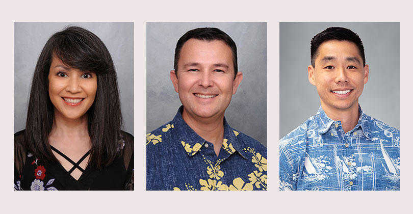 Three professional headshots in a row, Amanda Woo, Peter Lewis and David Chow.