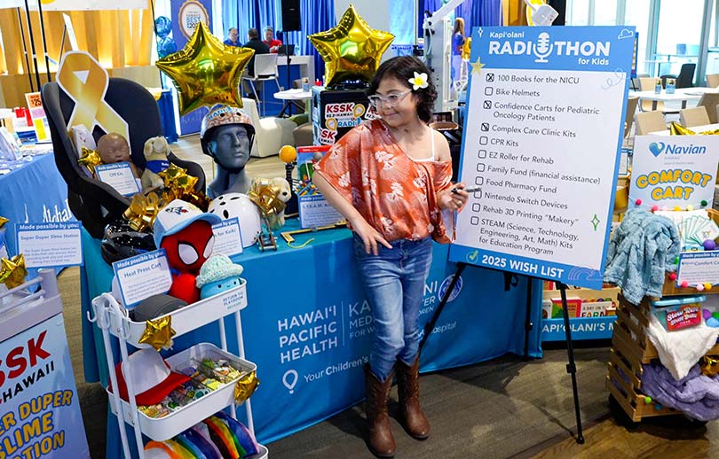Young girl surrounded by donations checking off items on the hospital wish list.