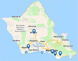 Map of Oahu showing urgent care locations in Honolulu, Mililani and Kapolei.