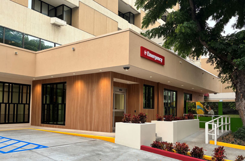 Exterior of the newly remodeled Emergency Department entrance at Straub Benioff Medical Center.