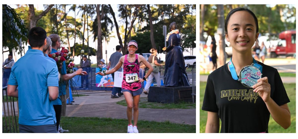 Race finisher accepting rose at the finish line and another race finisher holding up medal.