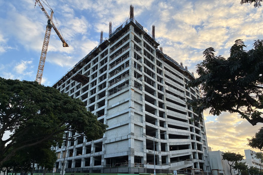 A 3/4 aerial corner view of the under construction HPH Straub Benioff parking structure. A 3/4 aerial corner view of the under construction HPH Straub Benioff parking structure.