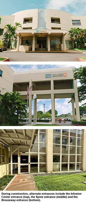 Images of the spine entrance, infusion center entrance and breezeway entrance.