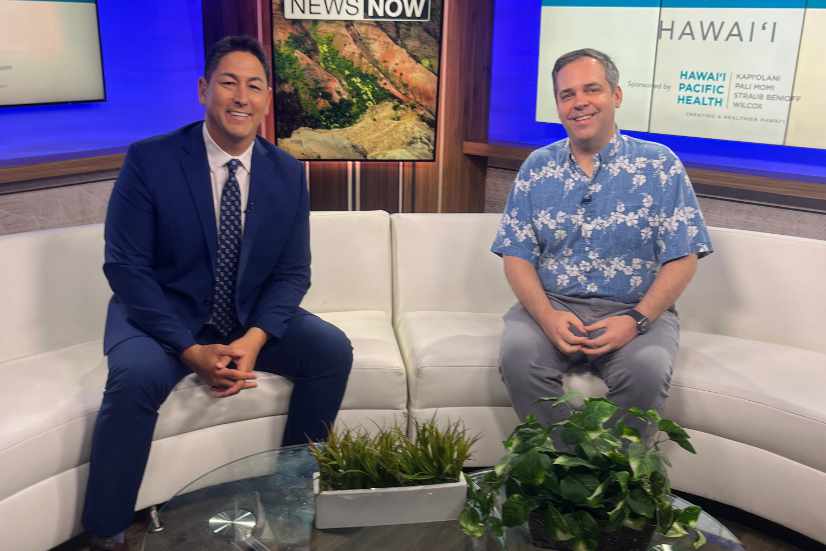 Dr. Timothy Swindoll on the set of Hawaii News Now with anchor, Steve Uyehara, to discuss colorectal cancer trends.