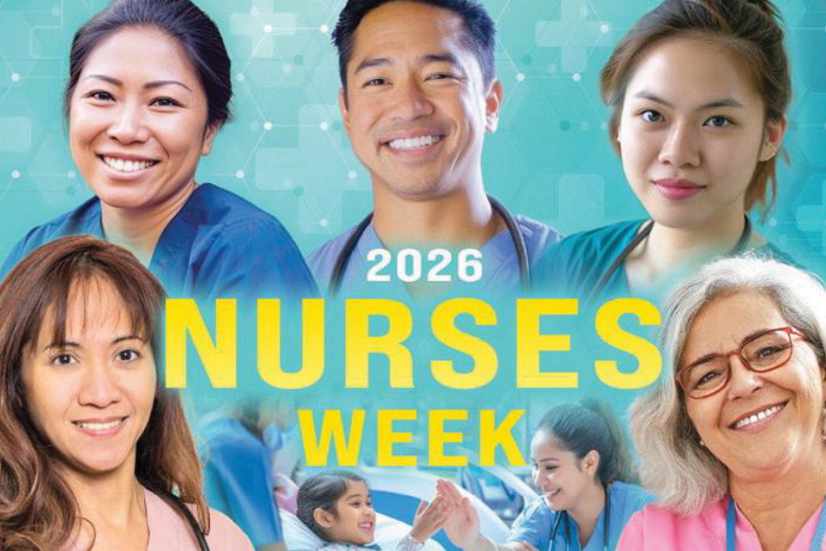 Faces of smiling nurses surrounding a "2026 Nurses Week" special section title. A banner on the bottom says "Honoring the Heart of Hawaii's Health Care".